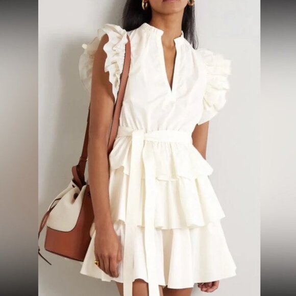 NWOT Estellina White Flutter Sleeve Mini Tiered Dress US M - Picture 1 of 9